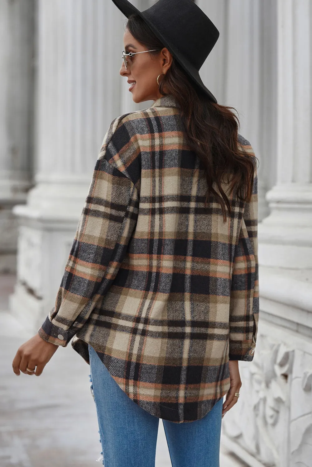 Plaid Curved Hem Dropped Shoulder Longline Shirt Jacket - Multiple Colors