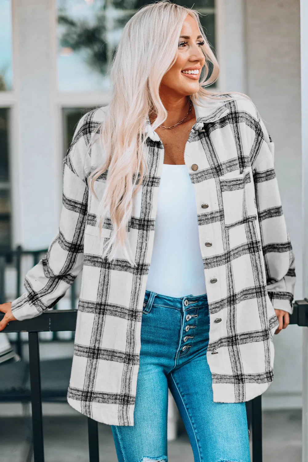 Plaid Curved Hem Dropped Shoulder Longline Shirt Jacket - Multiple Colors