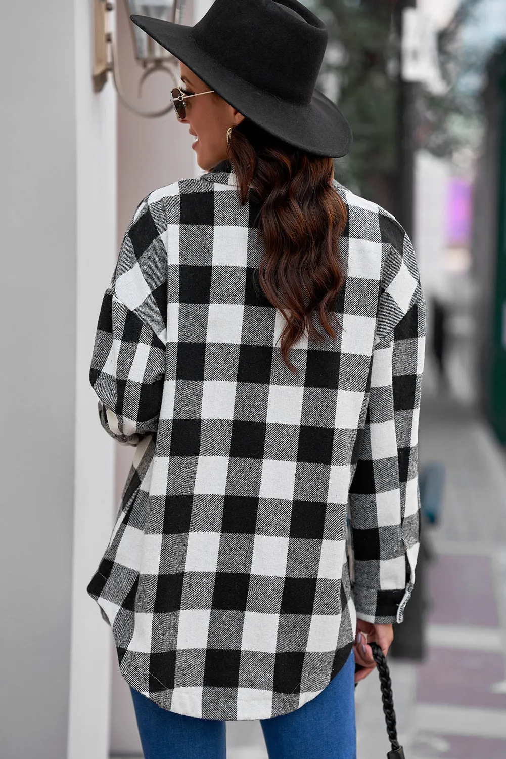 Plaid Curved Hem Dropped Shoulder Longline Shirt Jacket - Multiple Colors