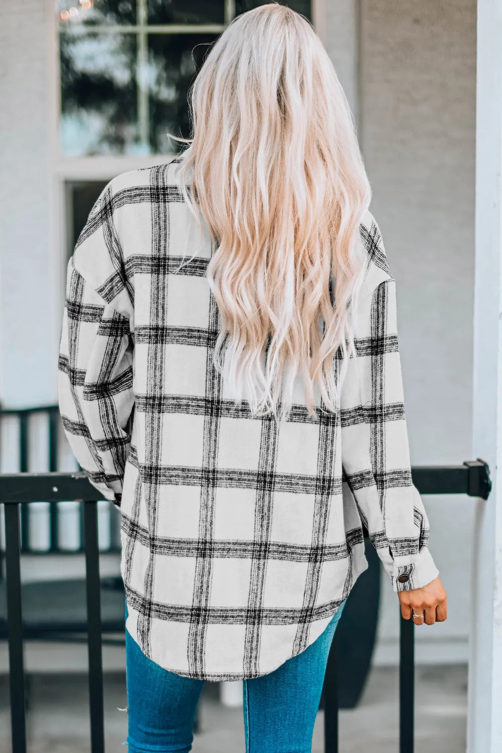 Plaid Curved Hem Dropped Shoulder Longline Shirt Jacket - Multiple Colors