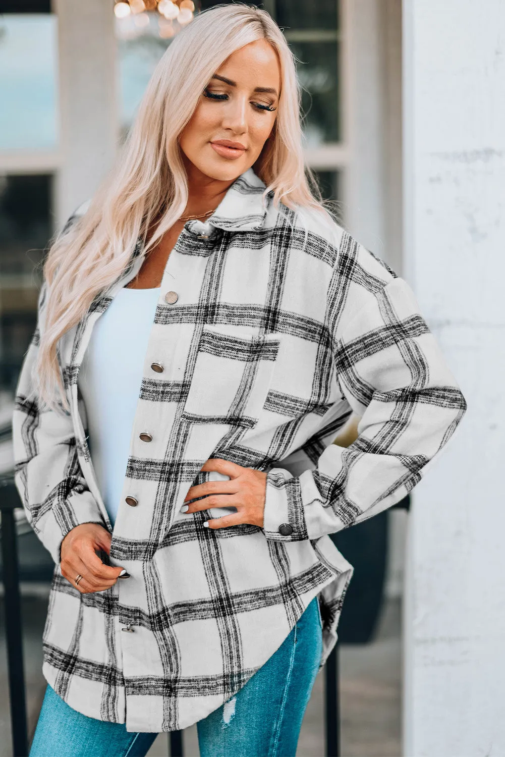 Plaid Curved Hem Dropped Shoulder Longline Shirt Jacket - Multiple Colors