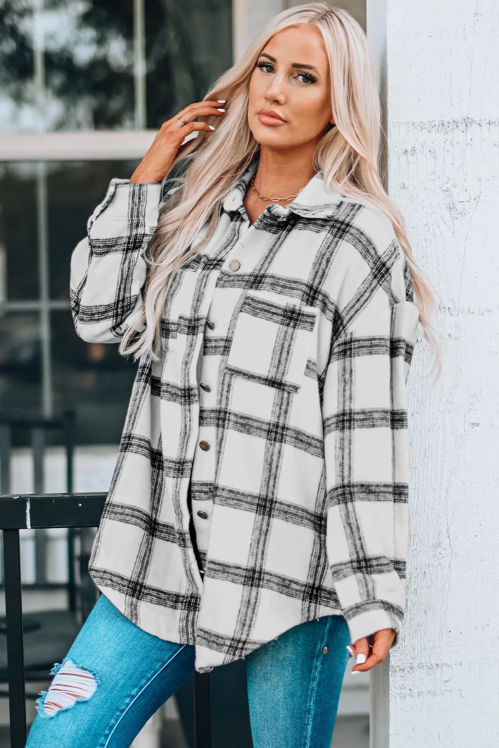 Plaid Curved Hem Dropped Shoulder Longline Shirt Jacket - Multiple Colors