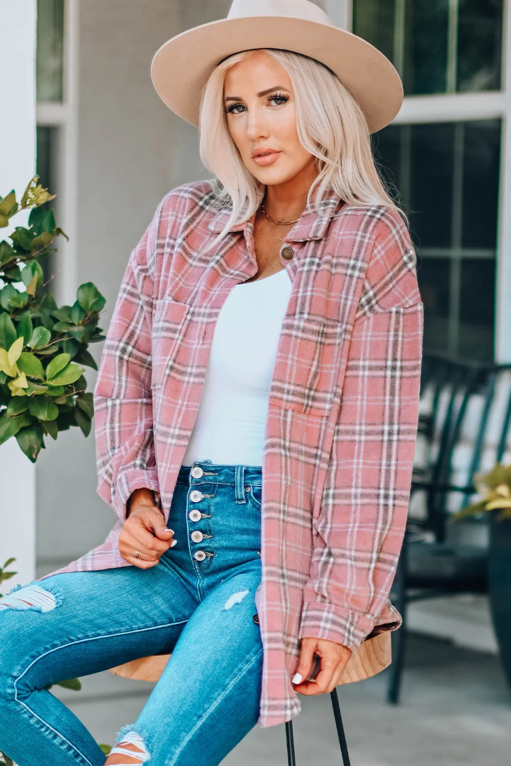 Plaid Curved Hem Dropped Shoulder Longline Shirt Jacket - Multiple Colors