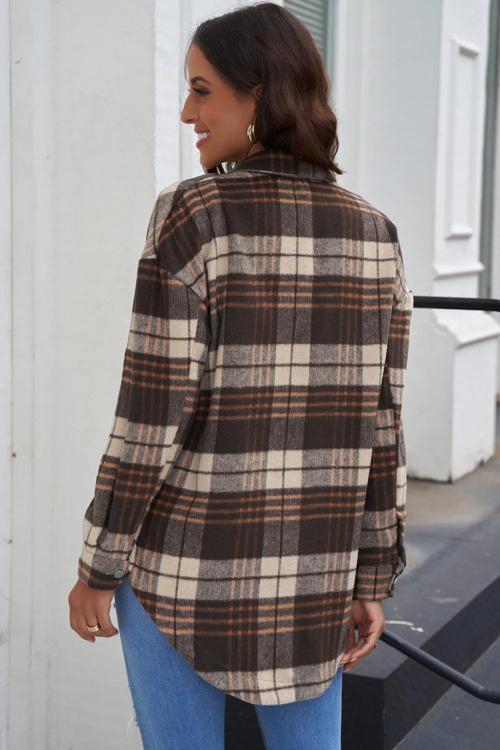 Plaid Curved Hem Dropped Shoulder Longline Shirt Jacket - Multiple Colors