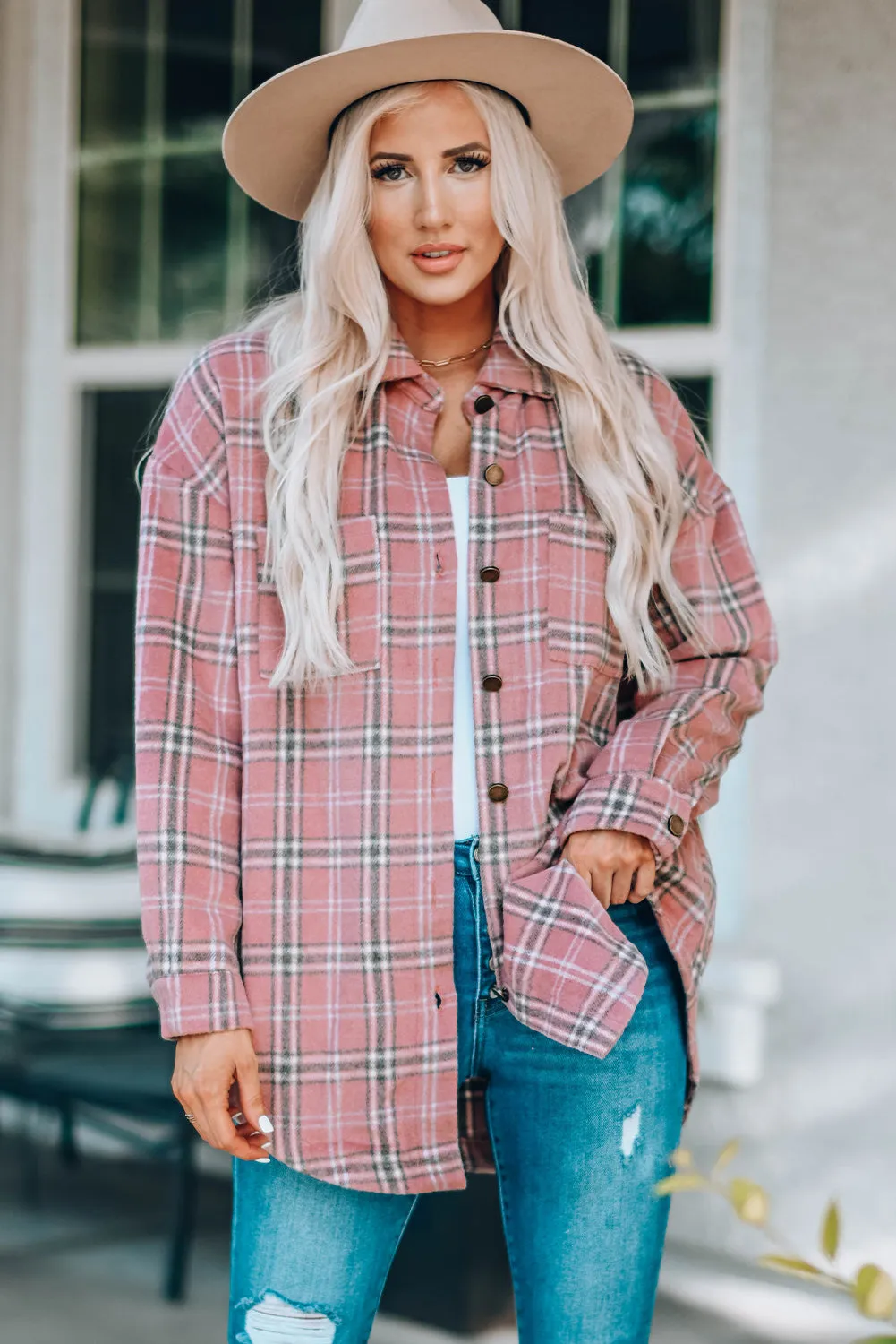 Plaid Curved Hem Dropped Shoulder Longline Shirt Jacket - Multiple Colors