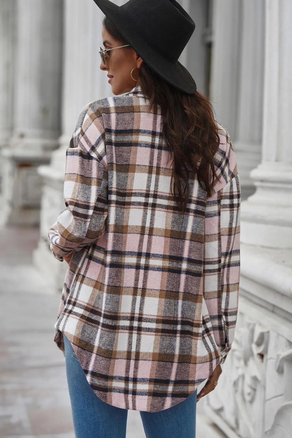 Plaid Curved Hem Dropped Shoulder Longline Shirt Jacket - Multiple Colors