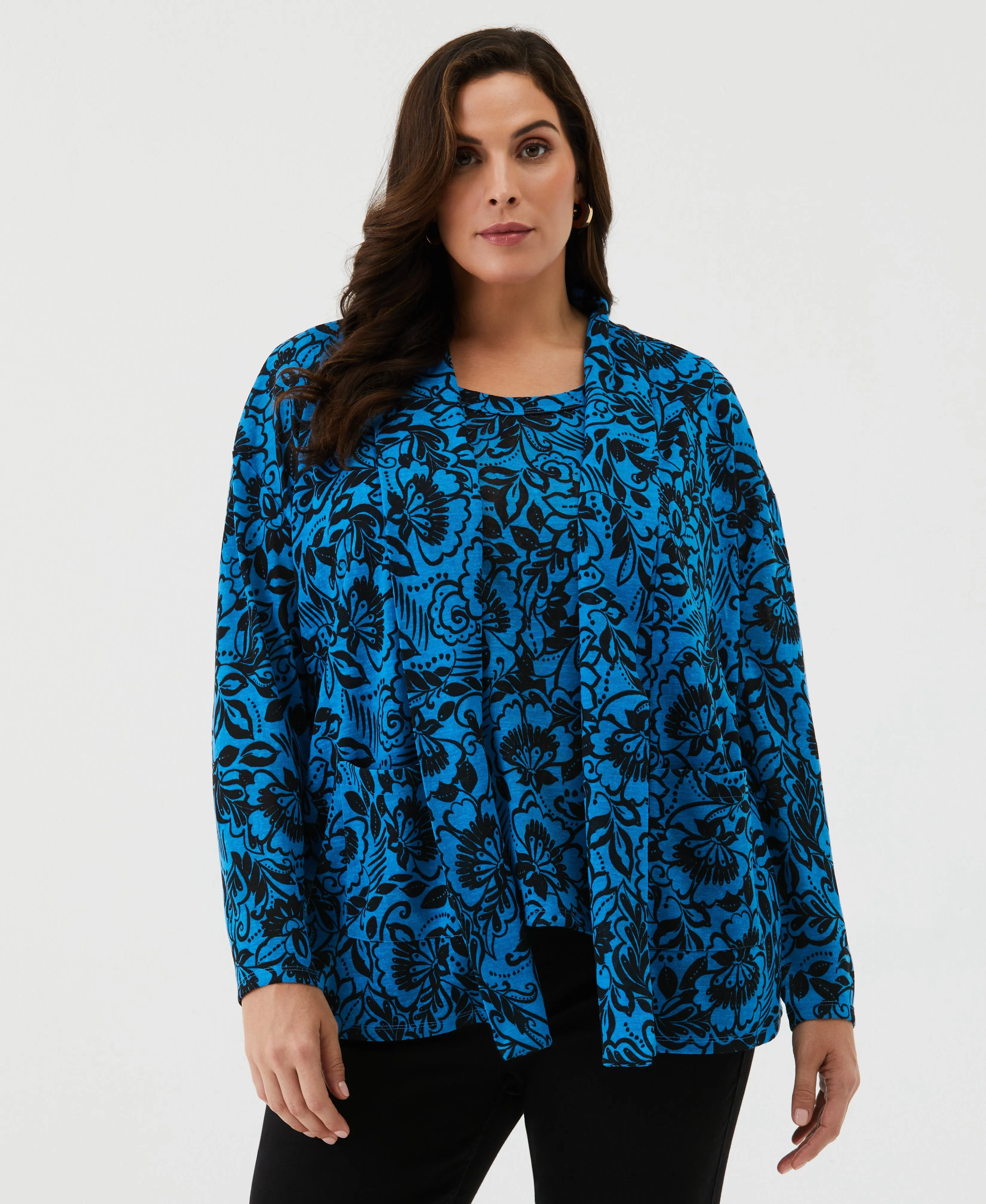 Plus Size Eco Floral Print Roll Collar Draped Cardigan