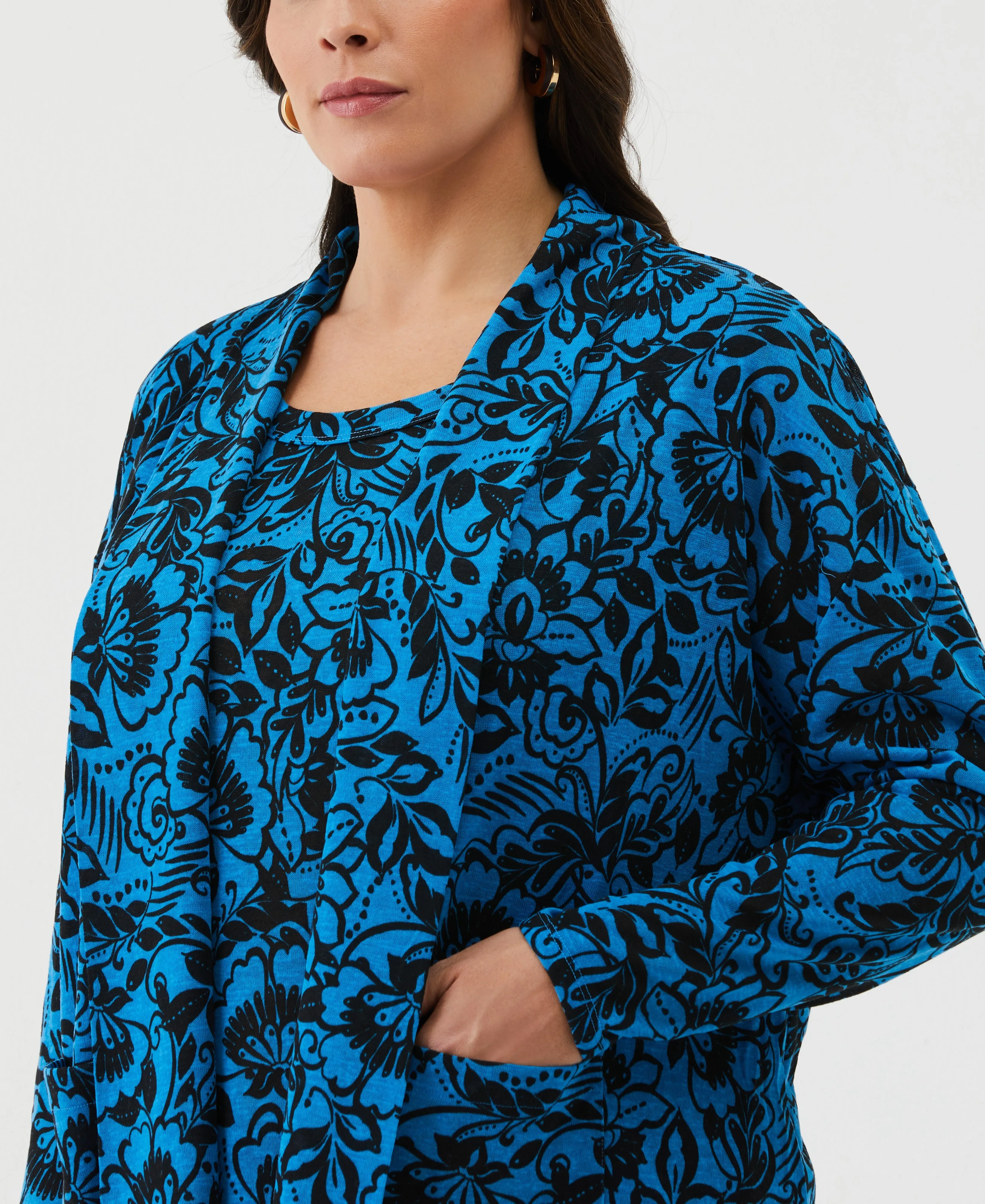 Plus Size Eco Floral Print Roll Collar Draped Cardigan