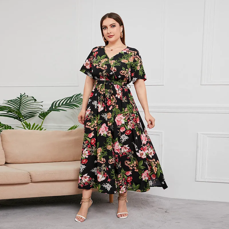 Plus SIze High Waist V-neck Midi Dress