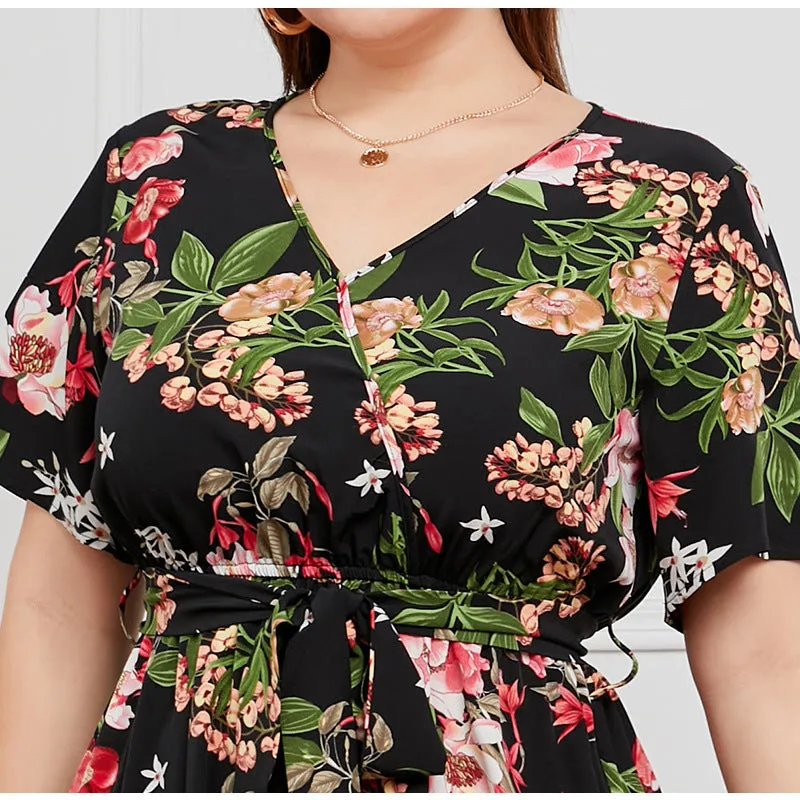 Plus SIze High Waist V-neck Midi Dress