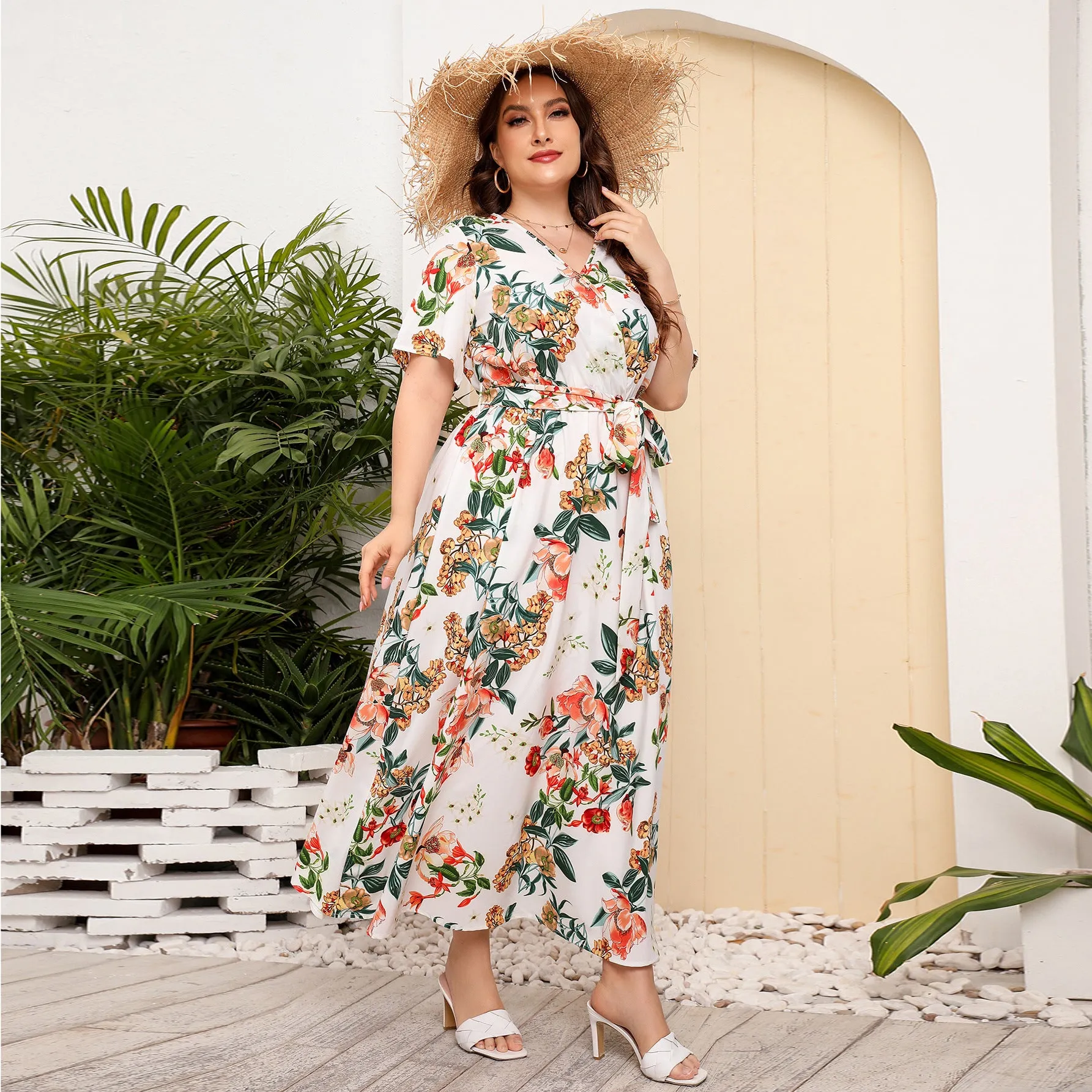 Plus SIze High Waist V-neck Midi Dress