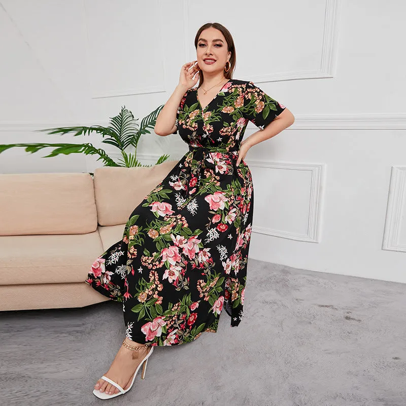 Plus SIze High Waist V-neck Midi Dress