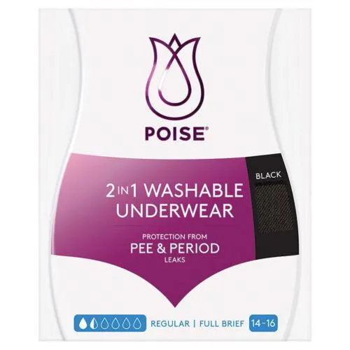 Poise Washable Underwear Black Briefs Size 14-16