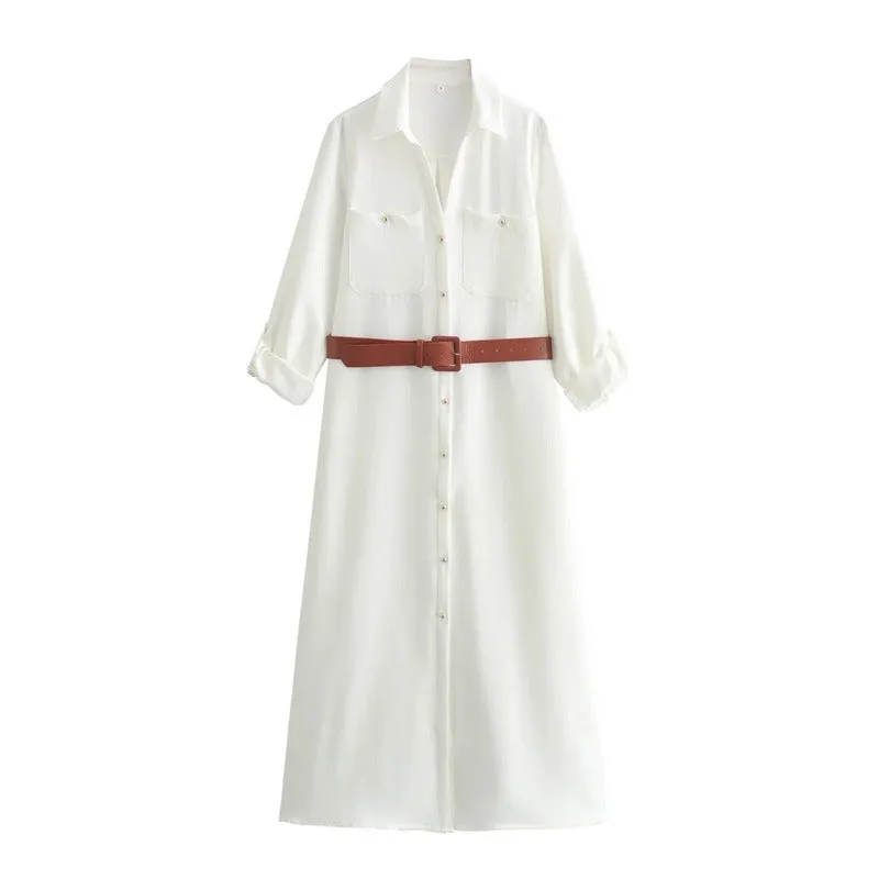 Pre Order:  Shirt Collar Belt Embellishment Midi Dress