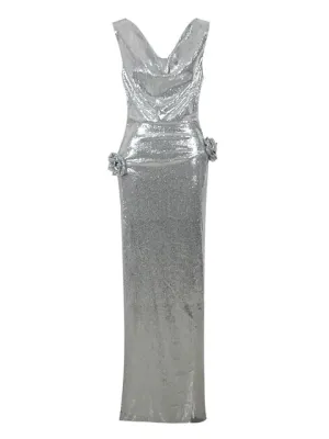 Pre Order:  Silver Sequined 3D Flower High-Split Maxi Dress