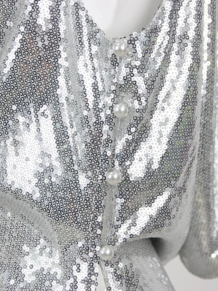 Pre Order:  Silver Sequined 3D Flower High-Split Maxi Dress