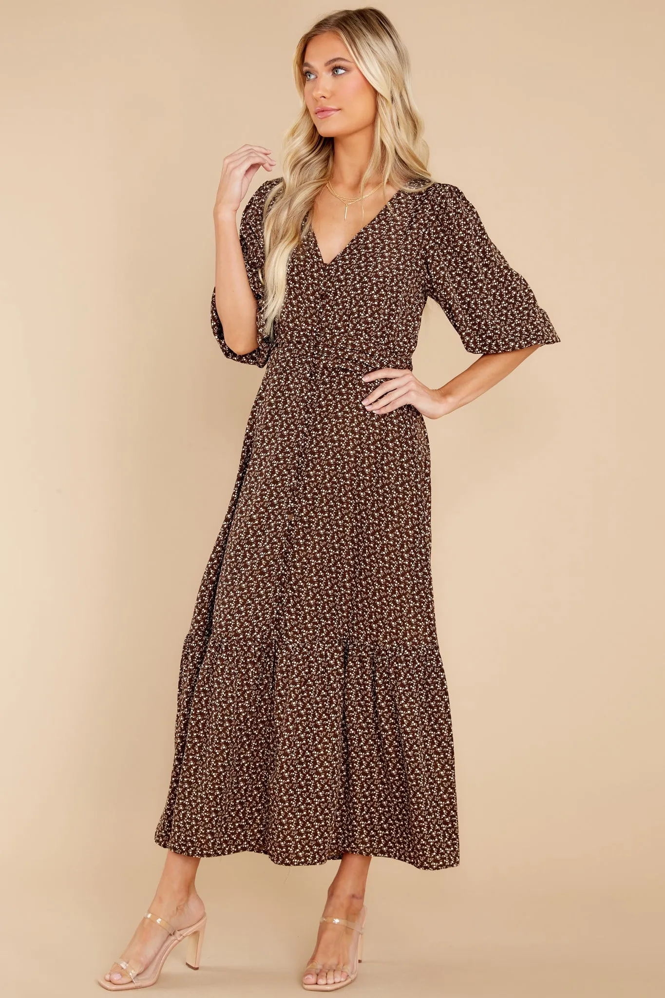 Pressing Rewind Brown Floral Print Maxi Dress