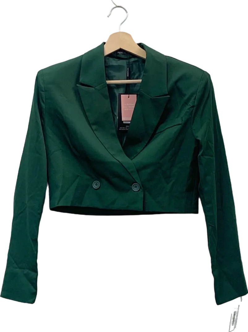 PrettyLittleThing Forest Green Woven Cropped Shoulder Padded Blazer UK 4