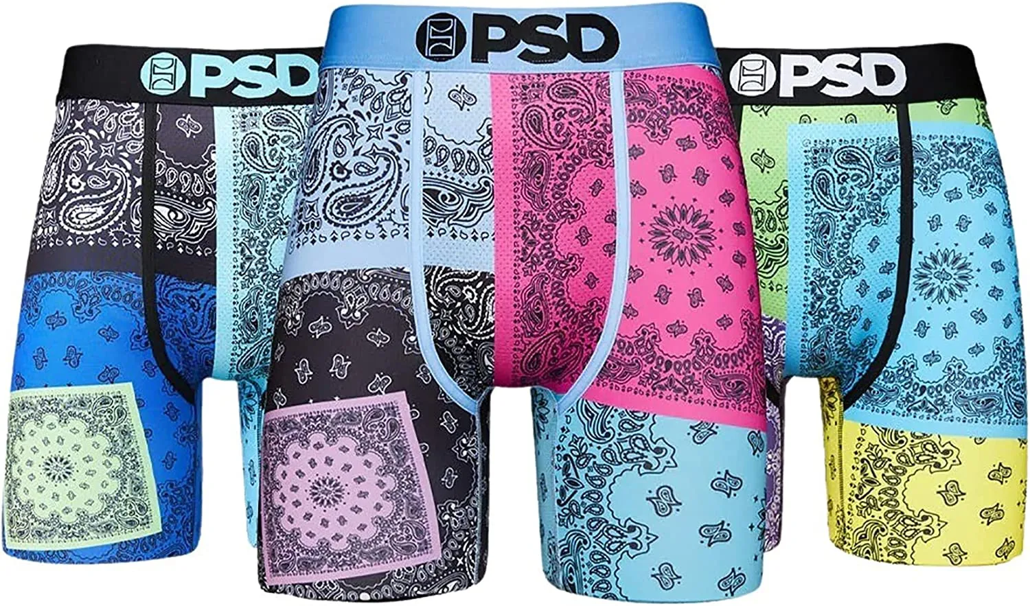 PSD Men's 3-Pack Stretch Elastic Wide Band Boxer Brief - Bandanna Patches