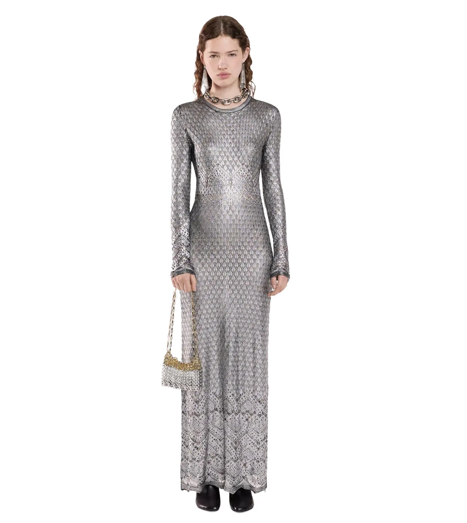 RABANNE Robe Silver Maxi Dress In Lurex