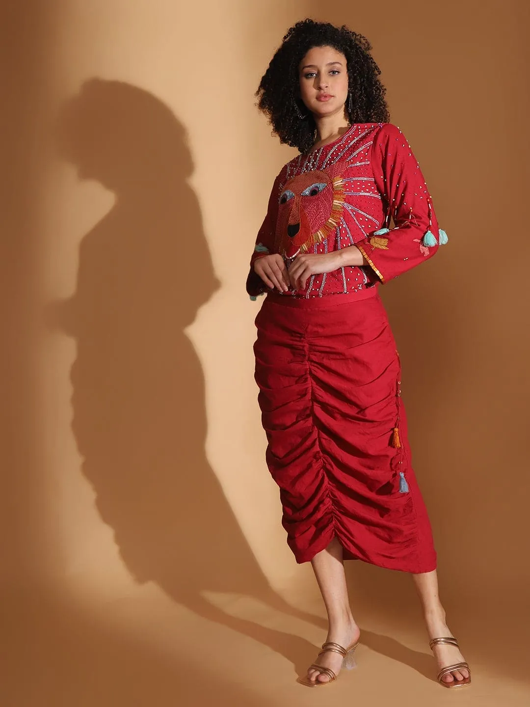 Red Gond Artwork Top & Skirt