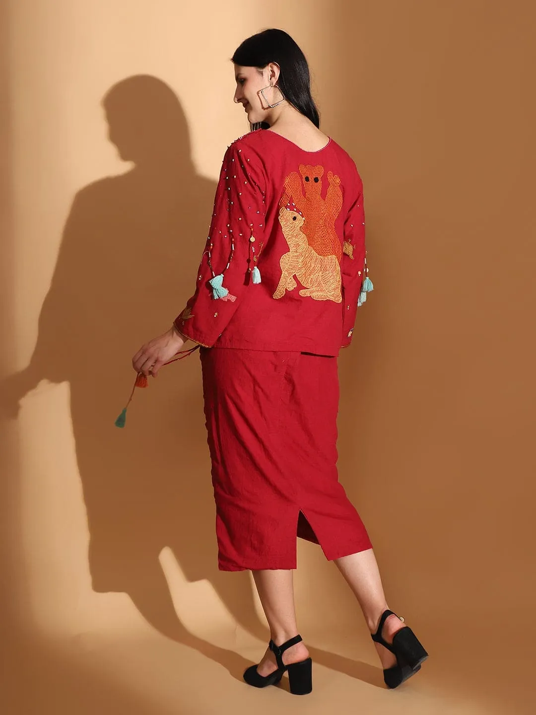 Red Gond Artwork Top & Skirt