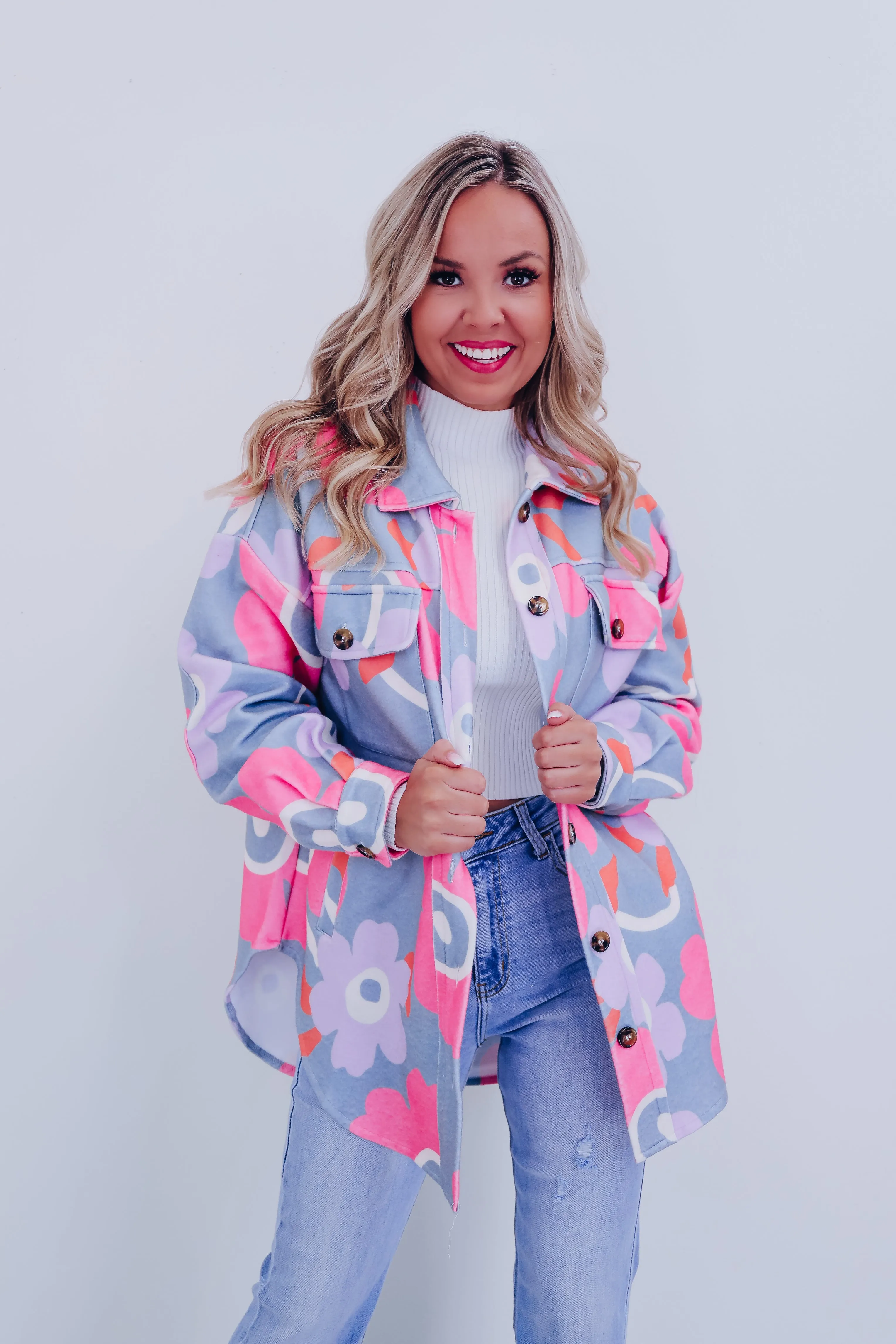 Retro Fun Floral Shacket - Pink