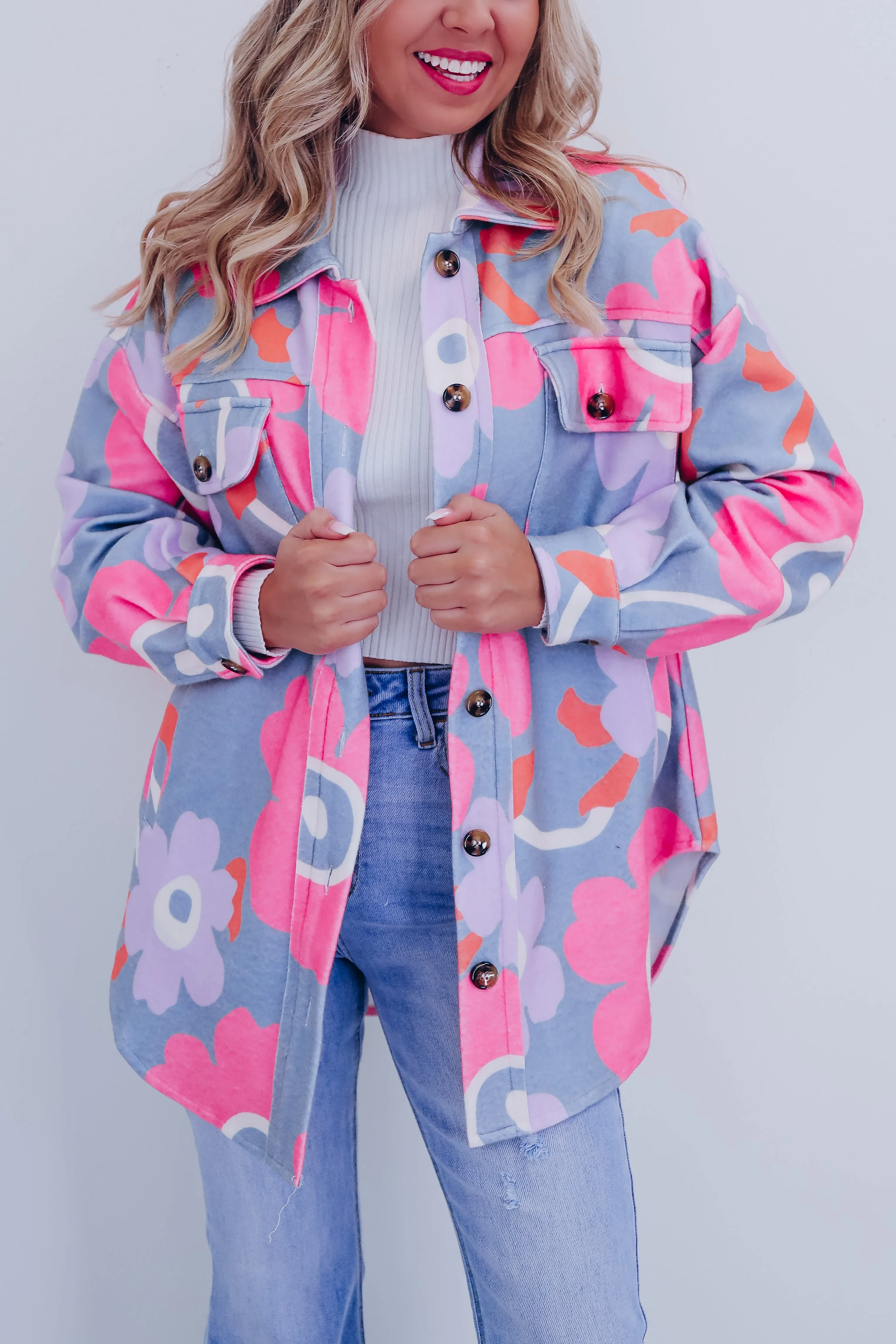 Retro Fun Floral Shacket - Pink