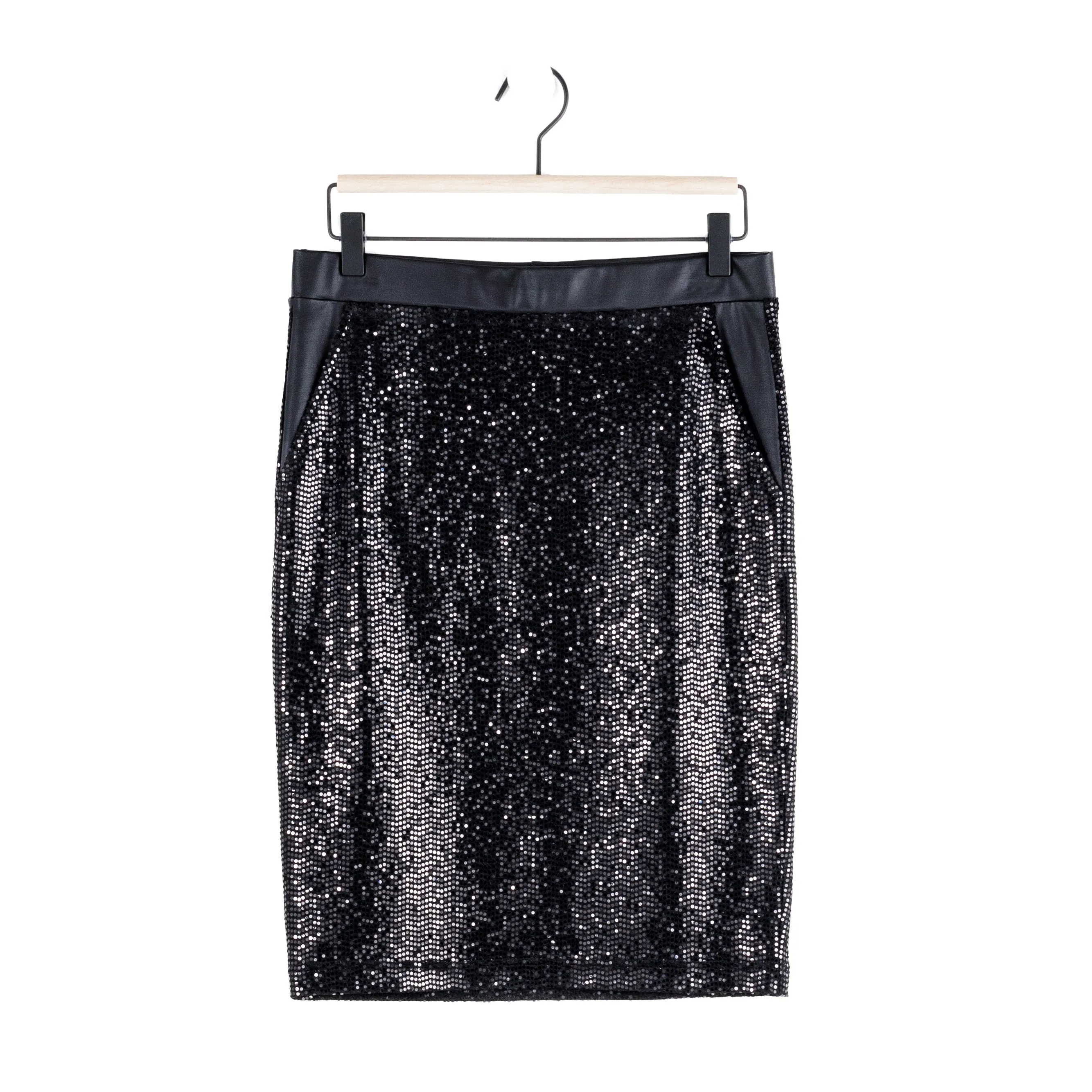 Sequin Knit - Liquid Leather™ Trim Pencil Skirt - Black