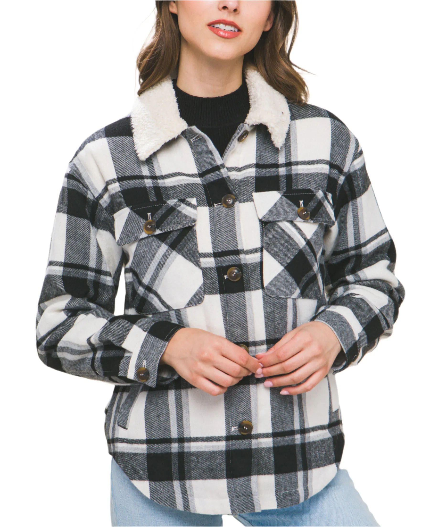 Sherpa Collar Plaid Shacket