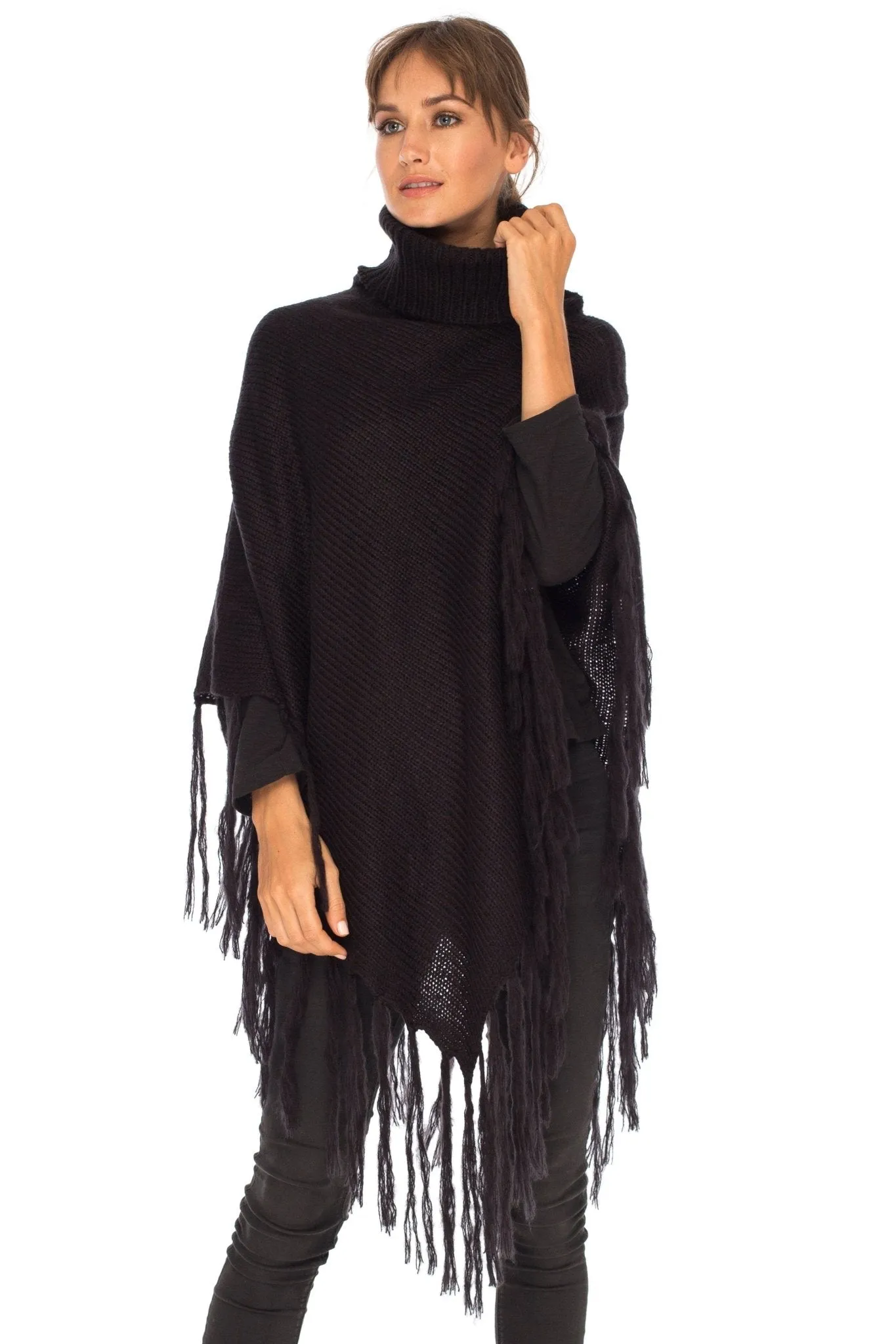 SHU-SHI Women's Cowl Neck Knit Poncho with Fringe - Casual Pullover Sweater