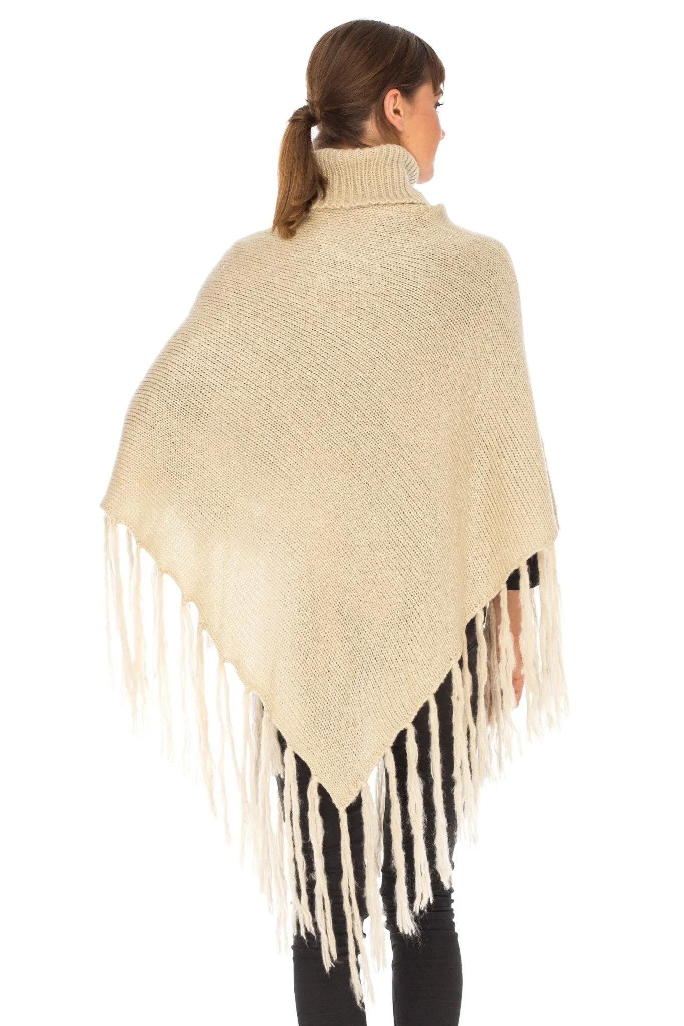 SHU-SHI Women's Cowl Neck Knit Poncho with Fringe - Casual Pullover Sweater