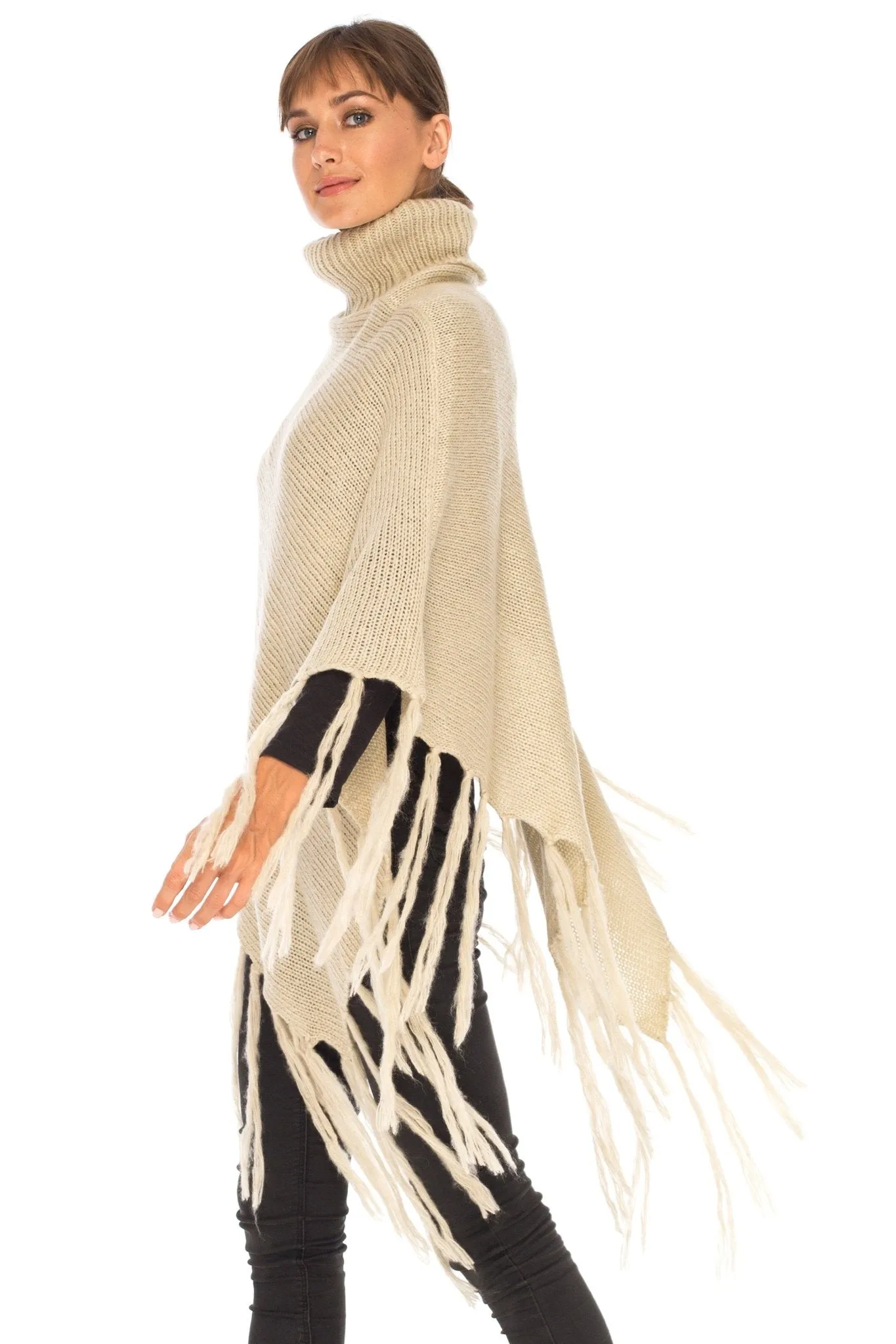 SHU-SHI Women's Cowl Neck Knit Poncho with Fringe - Casual Pullover Sweater