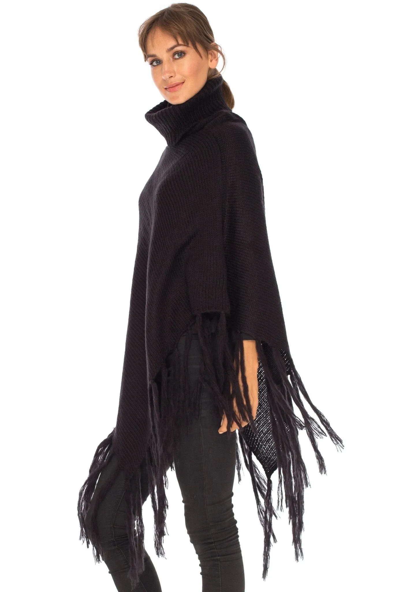 SHU-SHI Women's Cowl Neck Knit Poncho with Fringe - Casual Pullover Sweater