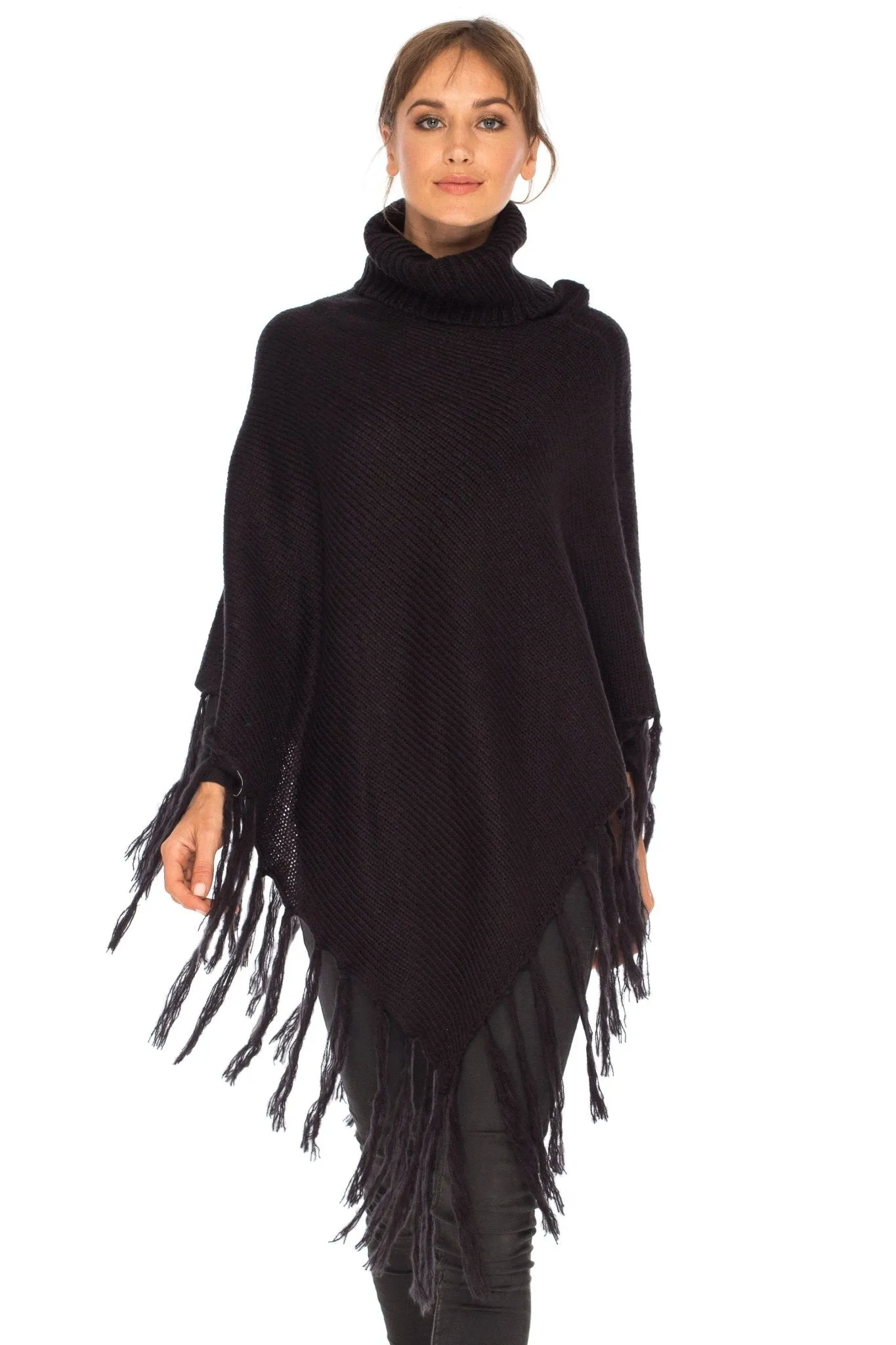 SHU-SHI Women's Cowl Neck Knit Poncho with Fringe - Casual Pullover Sweater