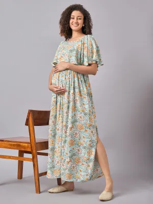 Sky Blue Floral Maternity and Nursing Maxi Dress