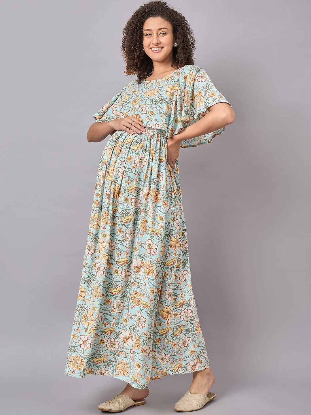 Sky Blue Floral Maternity and Nursing Maxi Dress