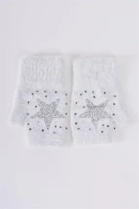 Snowball White Silver Threading Rhinestone Star Embroidery Furry Fingerless Winter Gloves /3 Pieces