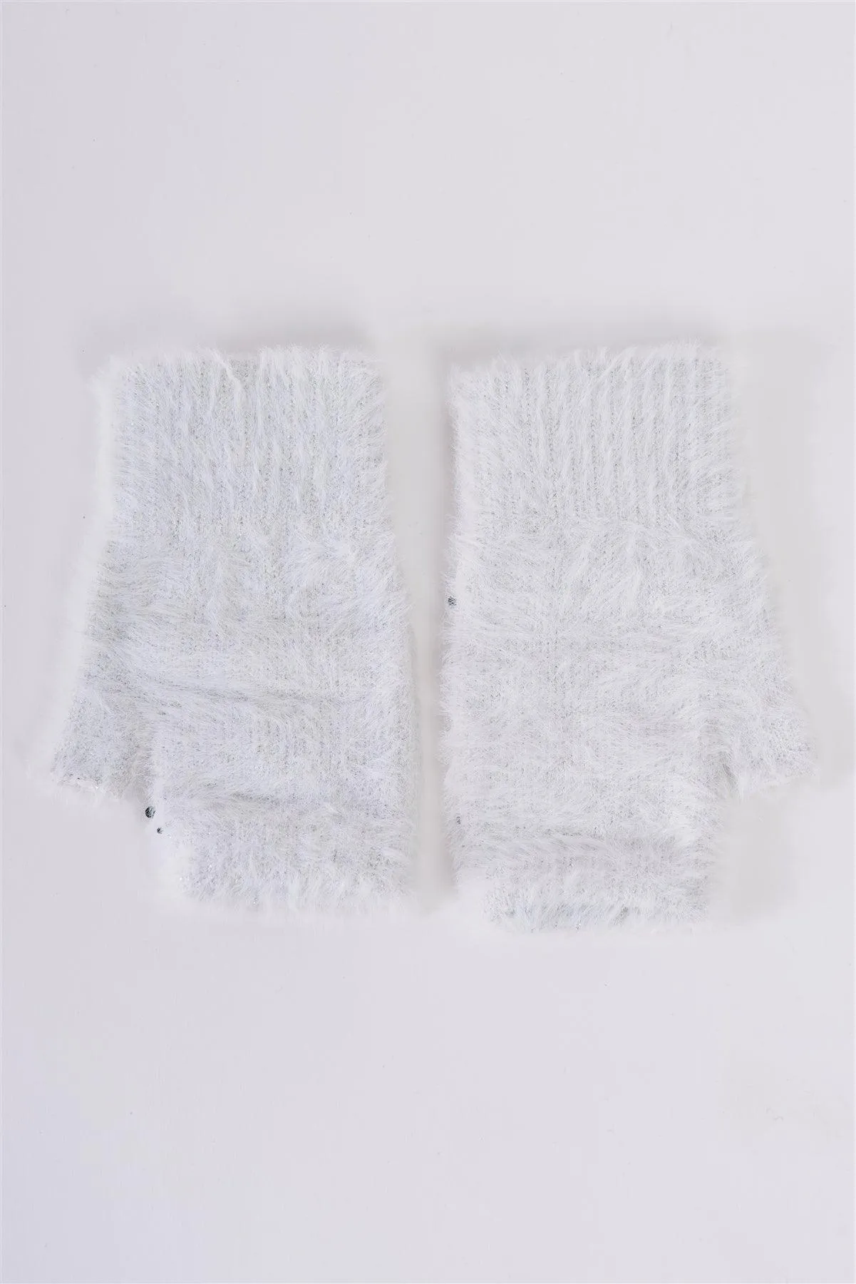 Snowball White Silver Threading Rhinestone Star Embroidery Furry Fingerless Winter Gloves /3 Pieces