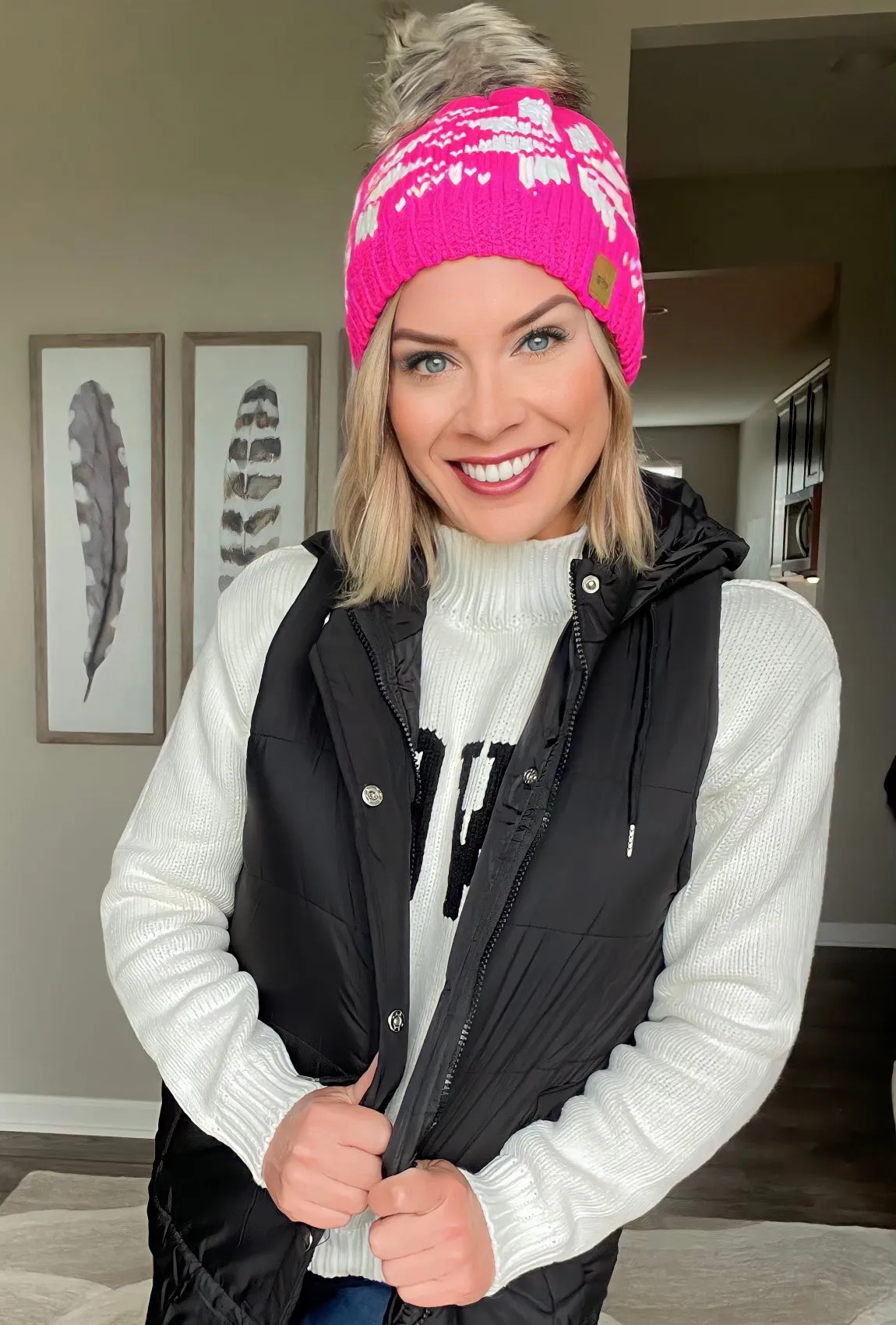 Snowflake Knit Hat with Faux Fur Pom