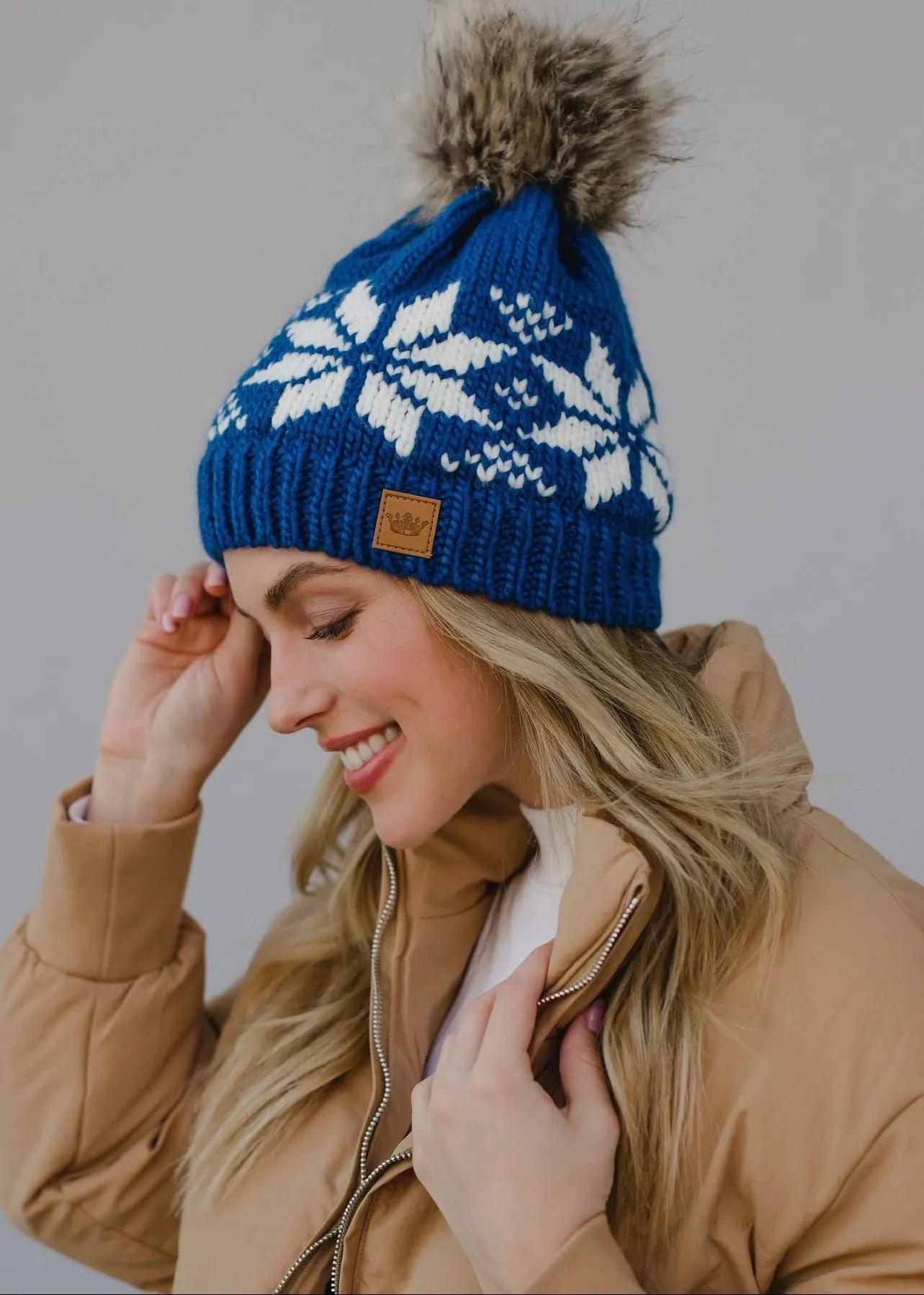 Snowflake Knit Hat with Faux Fur Pom