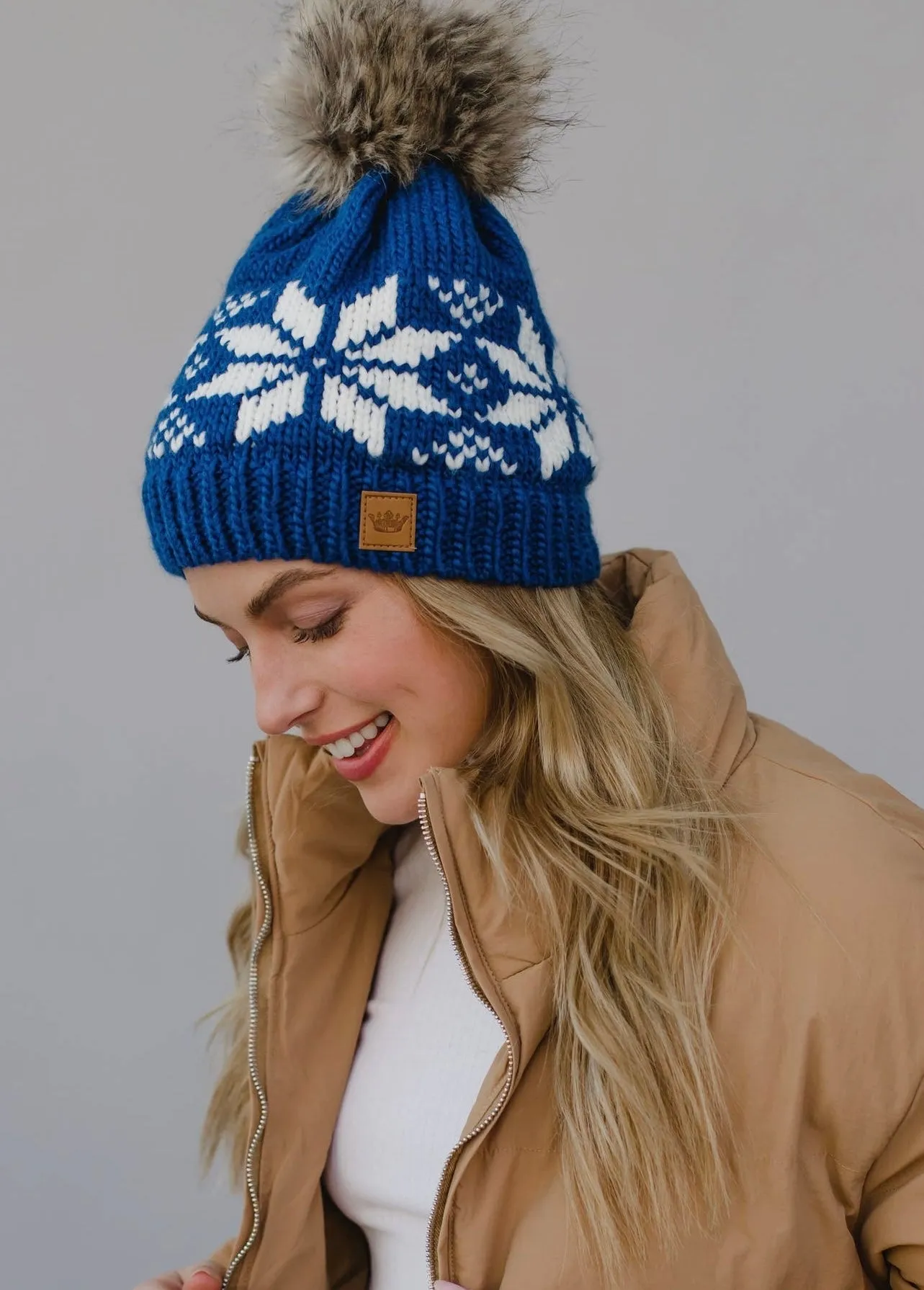 Snowflake Knit Hat with Faux Fur Pom