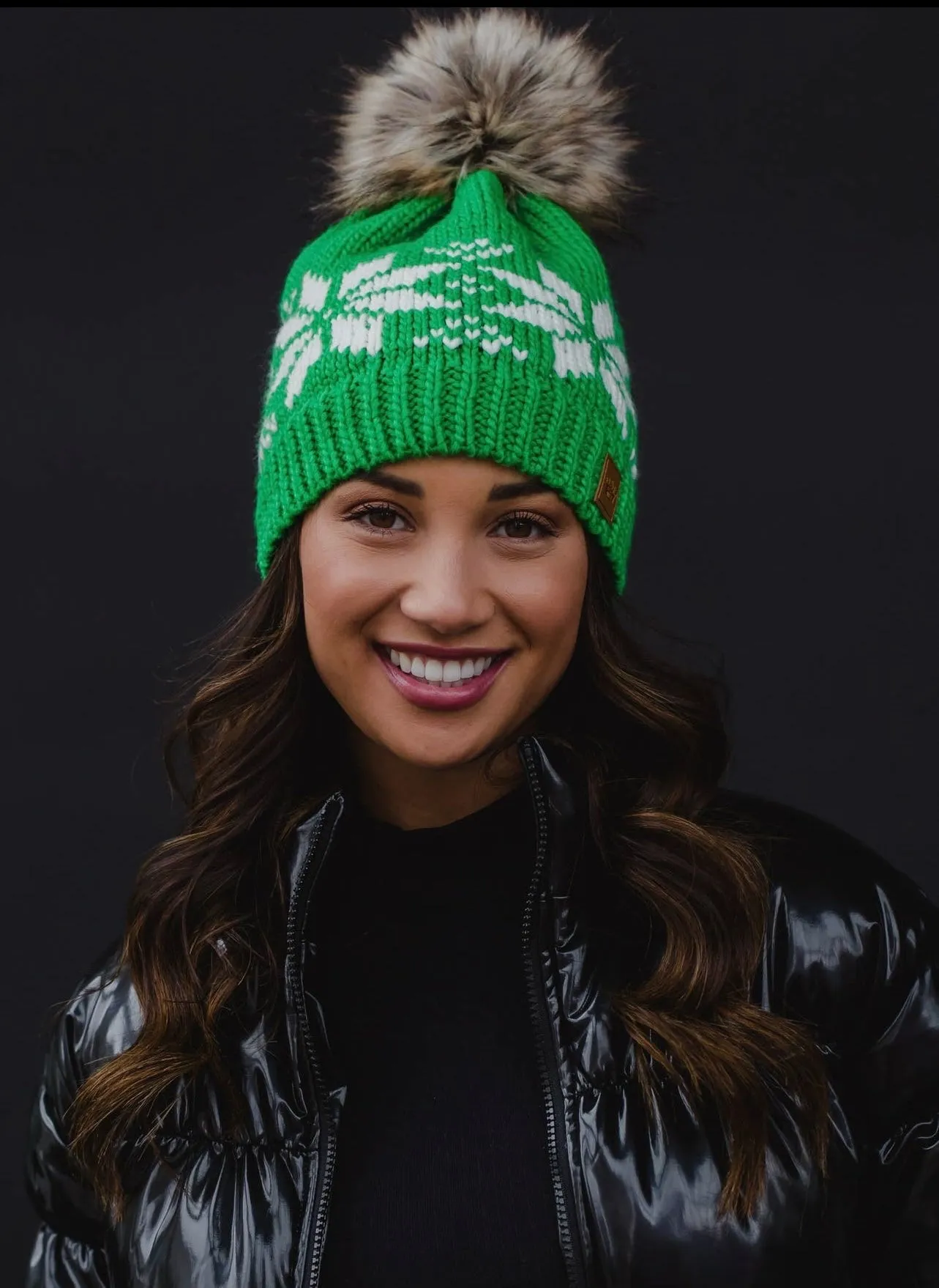 Snowflake Knit Hat with Faux Fur Pom