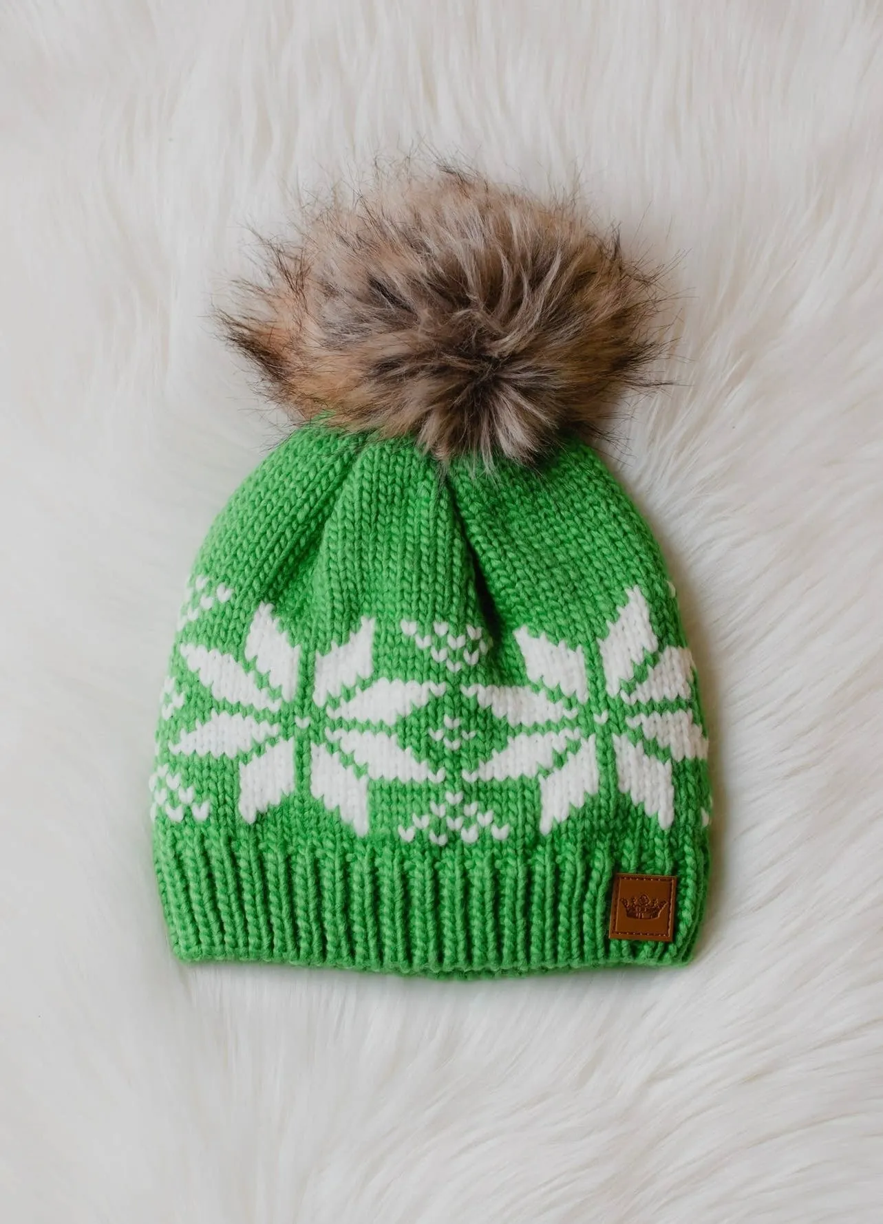 Snowflake Knit Hat with Faux Fur Pom