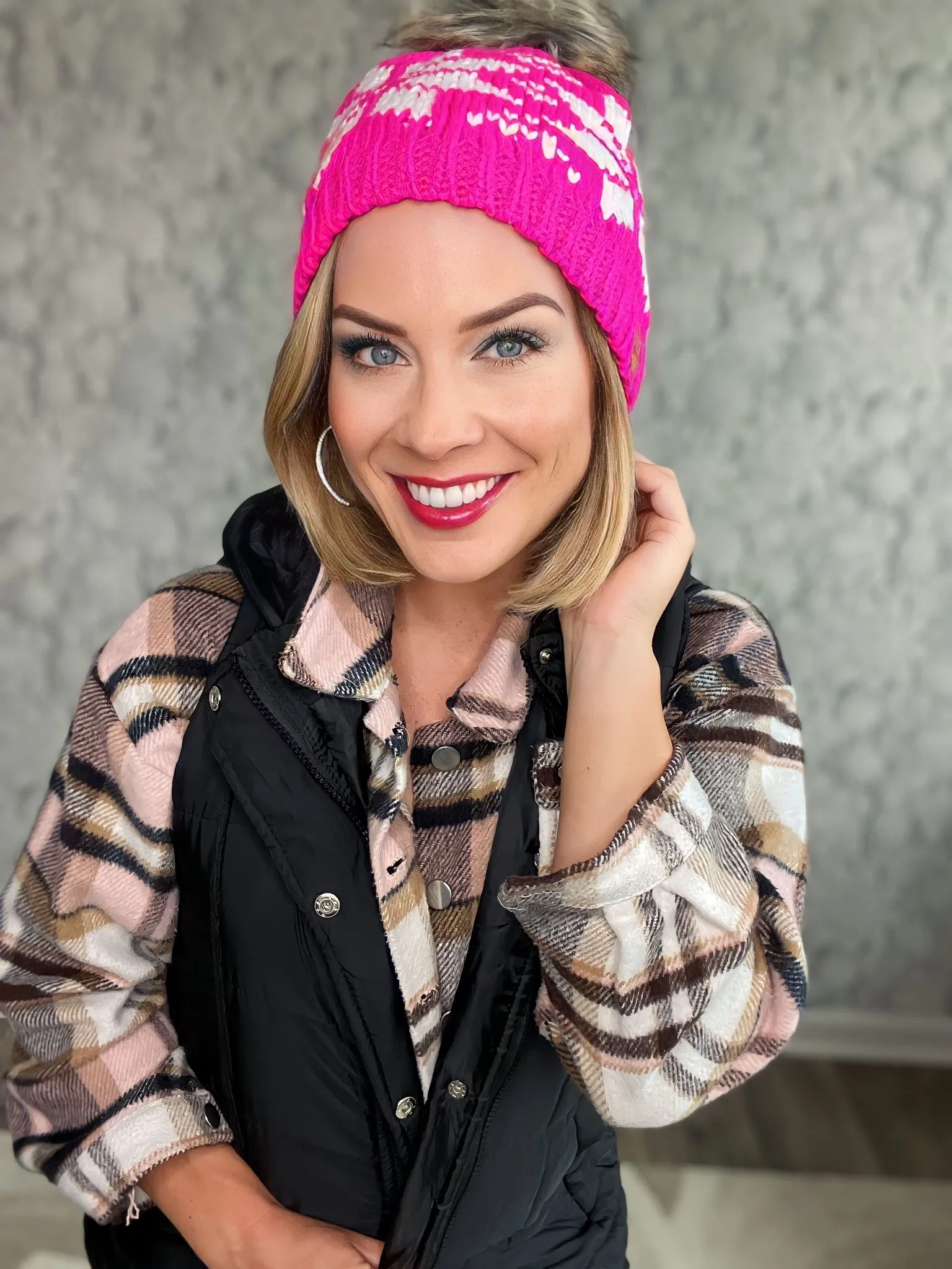 Snowflake Knit Hat with Faux Fur Pom