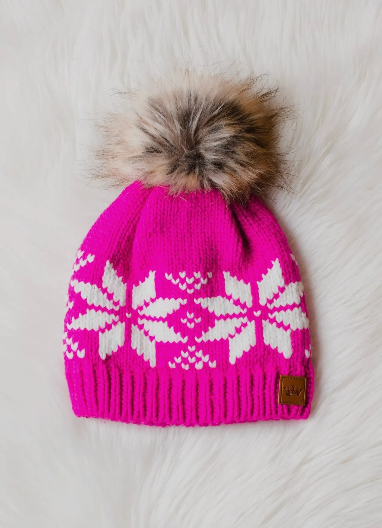 Snowflake Knit Hat with Faux Fur Pom