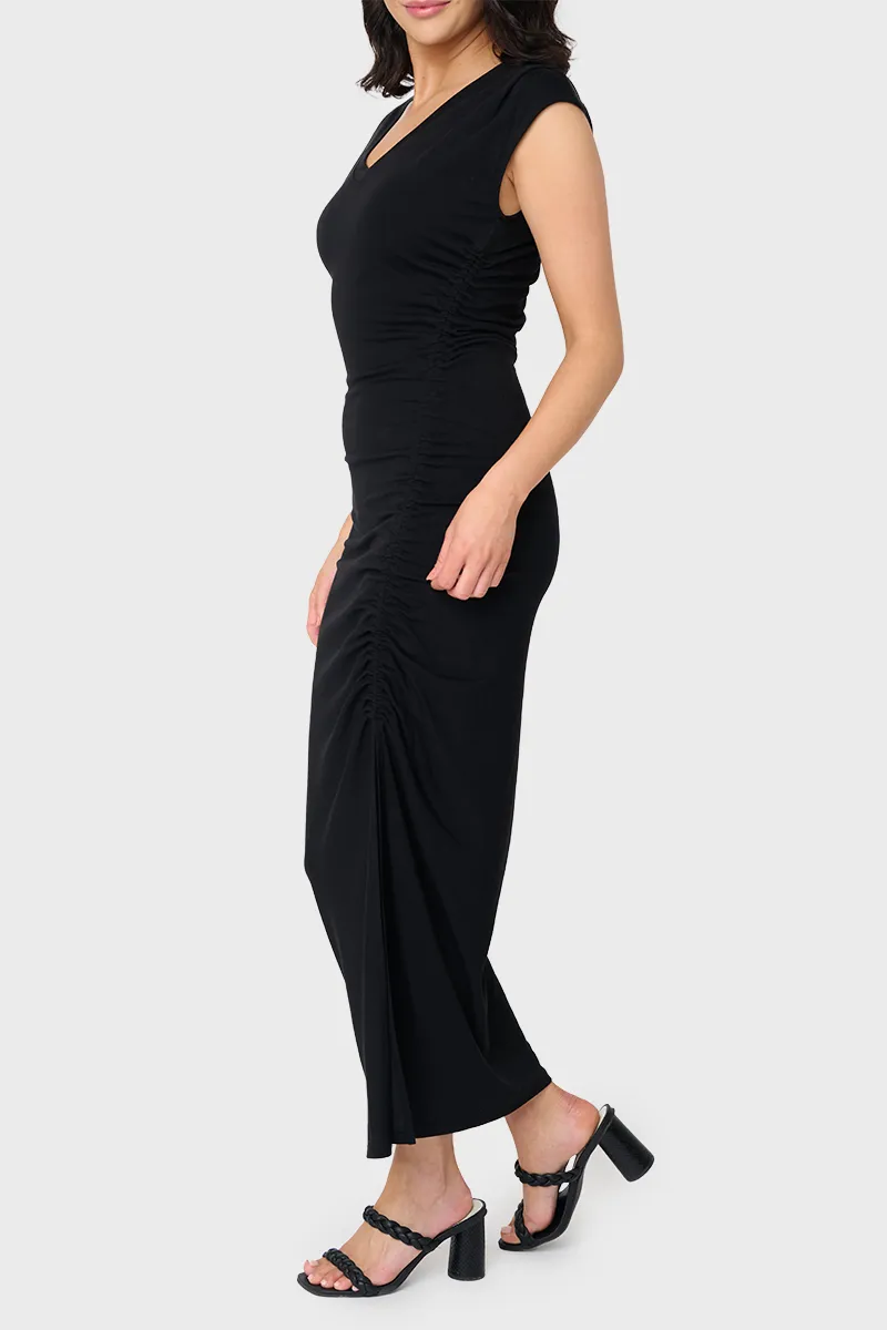 Soft Ponte V-Neck Side Cinch Maxi Dress