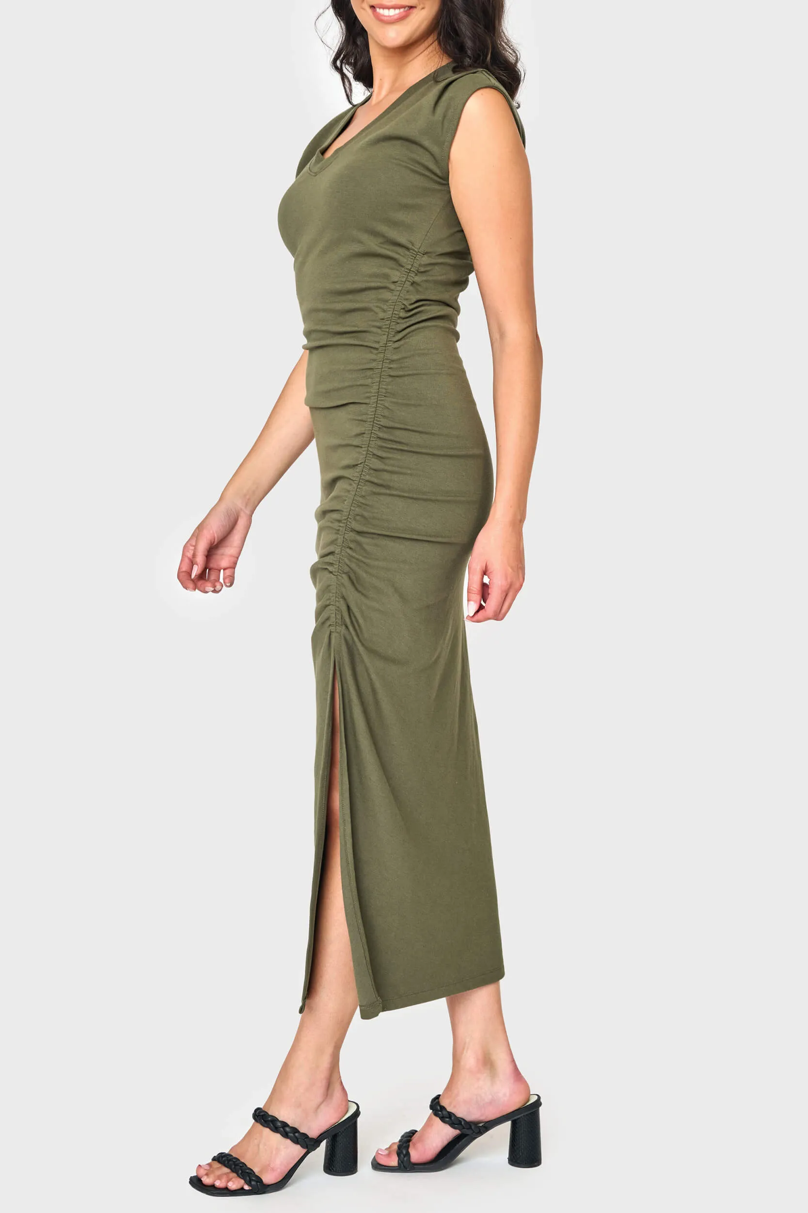 Soft Ponte V-Neck Side Cinch Maxi Dress