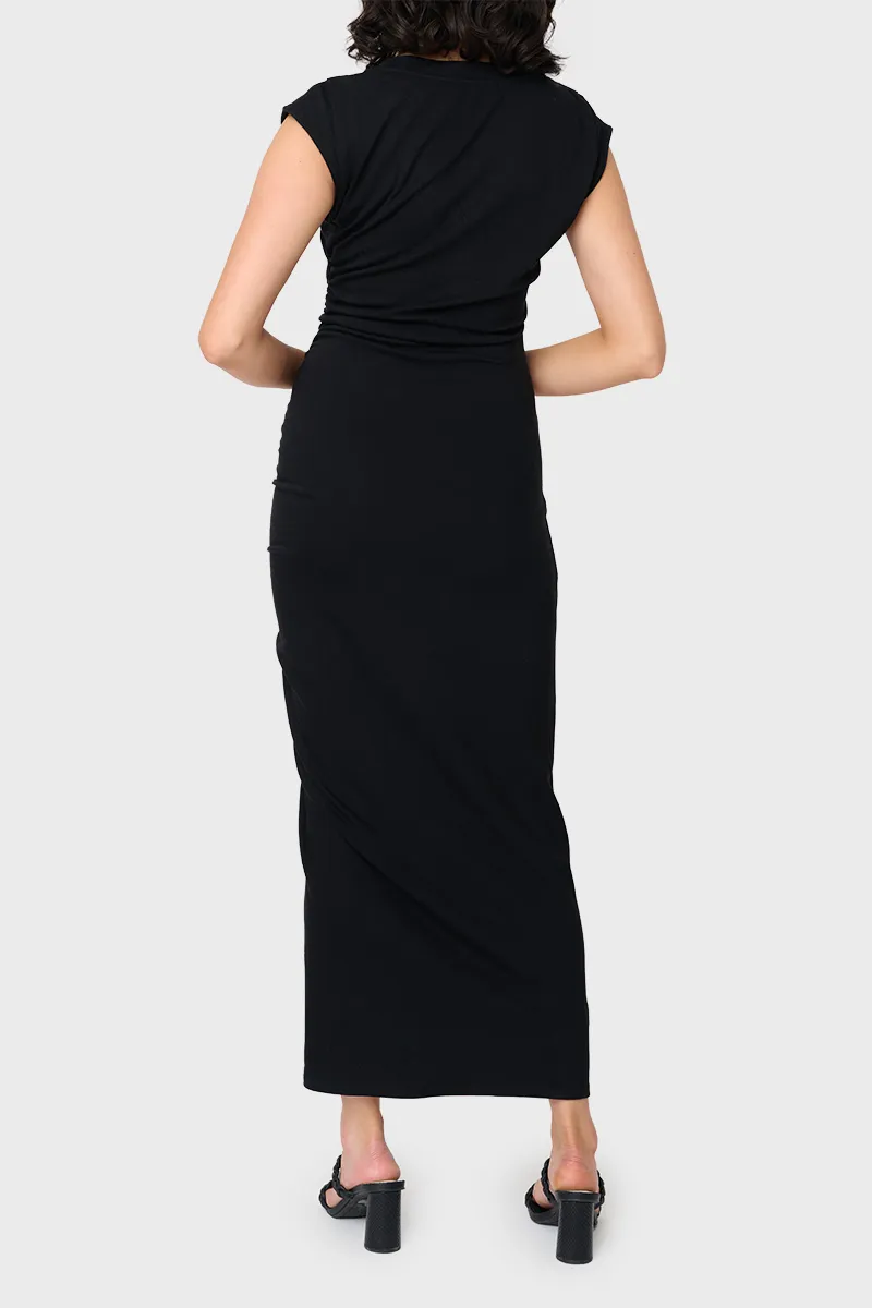 Soft Ponte V-Neck Side Cinch Maxi Dress