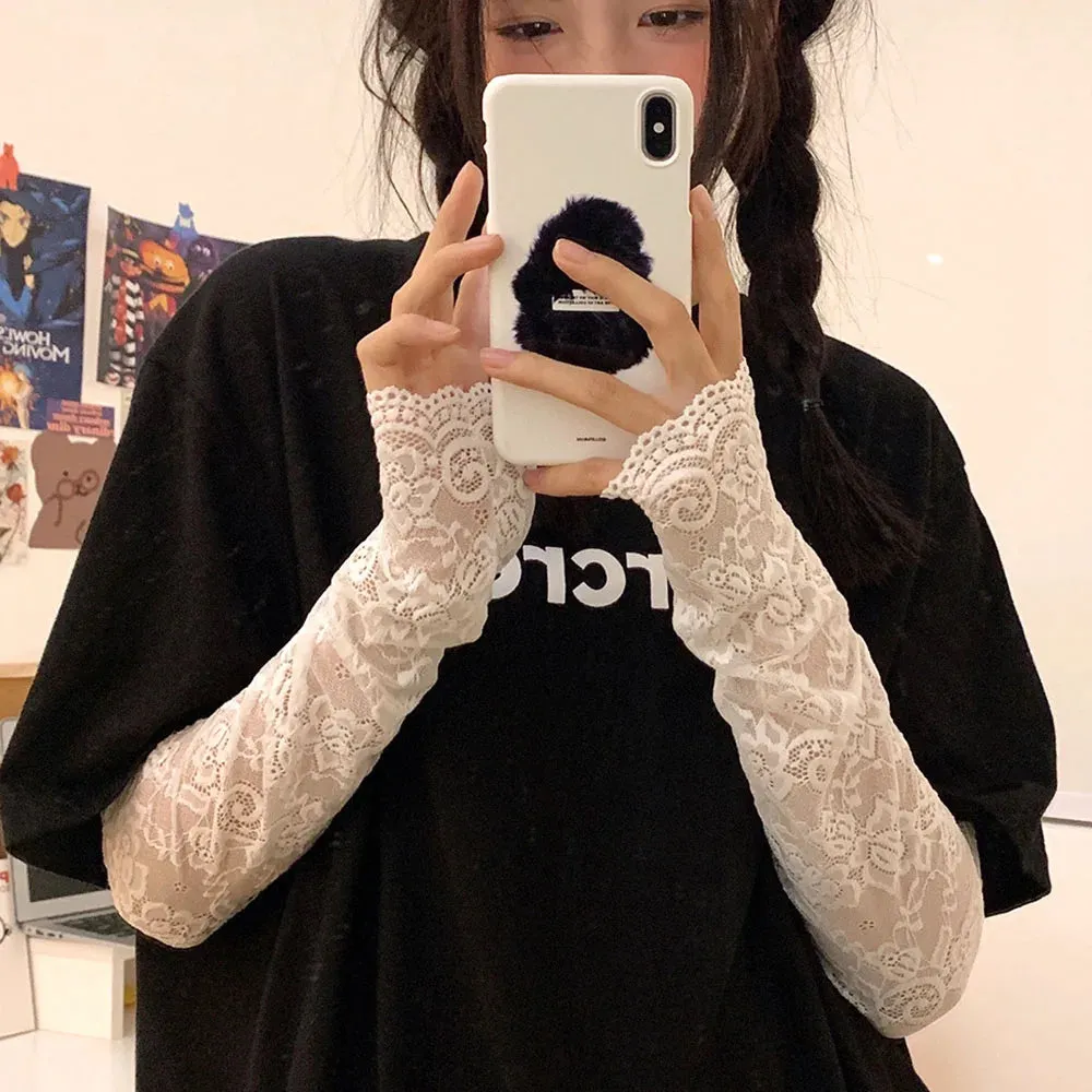 Sohiwoo Women Summer black white Lace Flowers Arm Sleeves Elastic Driving Gloves Elegant Long Fingerless Mittens Sunscreen Gloves